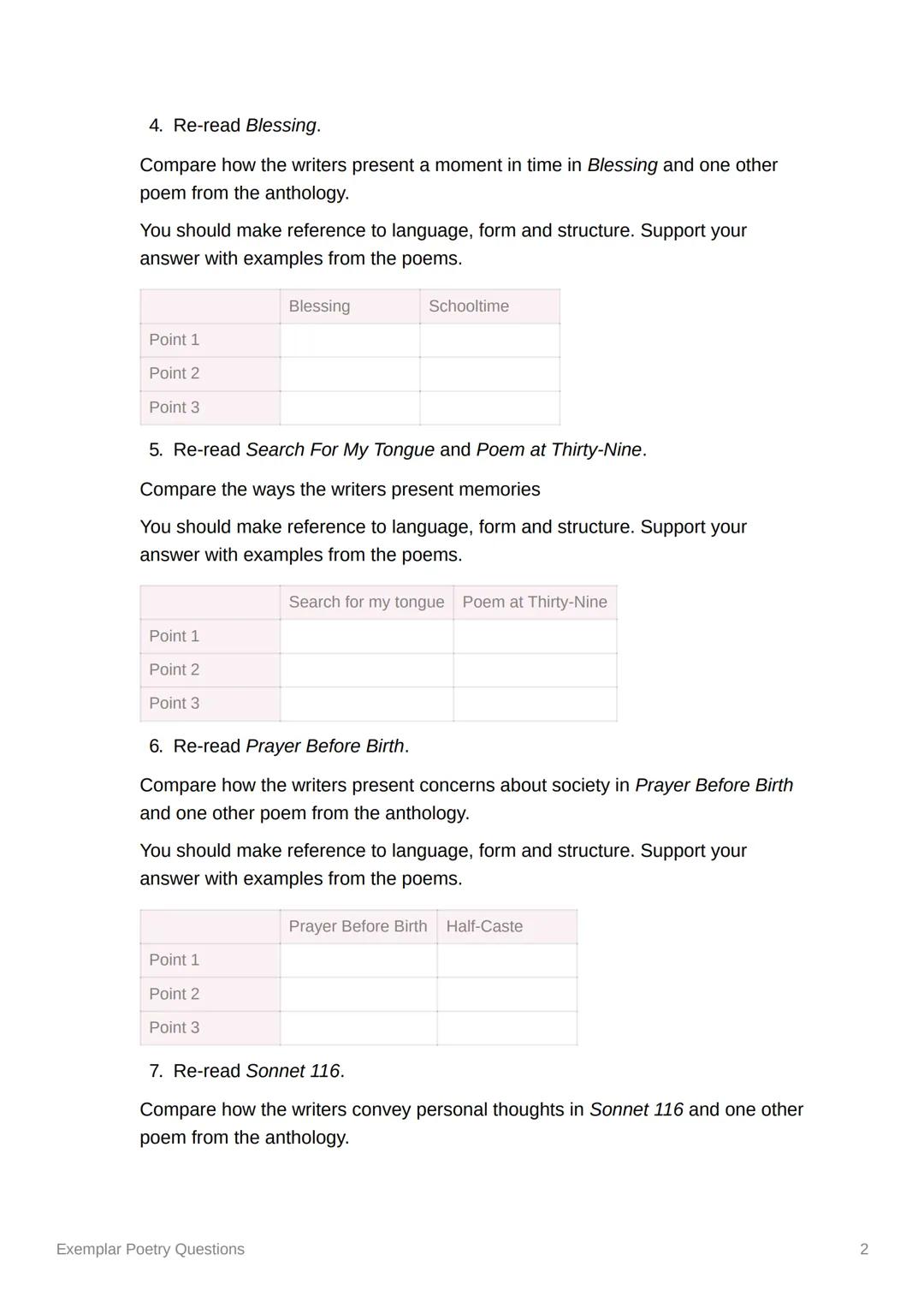 L
Exemplar Poetry Questions
1. Re-read If- and Do not go gentle into that good night.
Compare the ways the writers present people giving adv