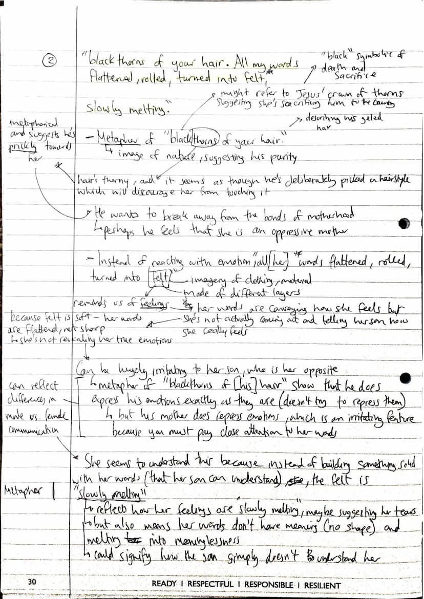 ①
5 Key Quotes - Poppies
Is the son just leaving
home, or going to
"Spasms of paper red, disrupting a blockade of
of yellow bias binding aro