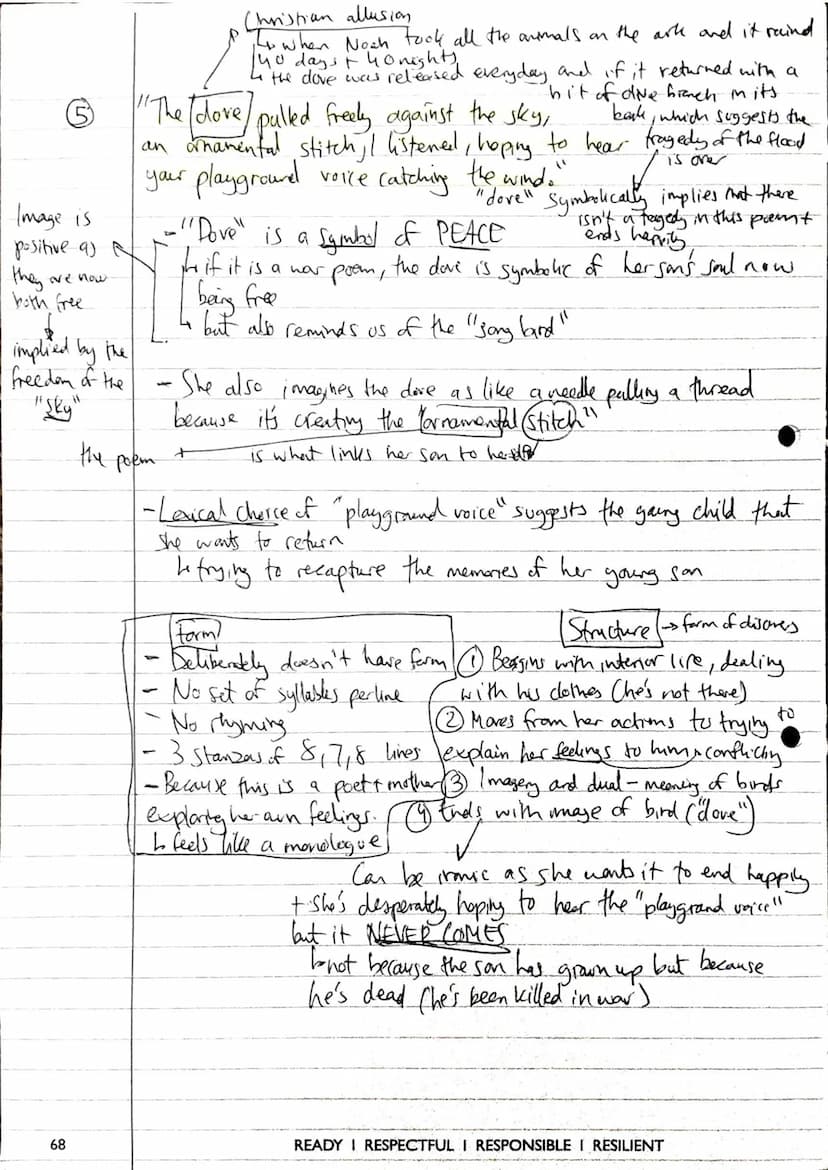 ①
5 Key Quotes - Poppies
Is the son just leaving
home, or going to
"Spasms of paper red, disrupting a blockade of
of yellow bias binding aro