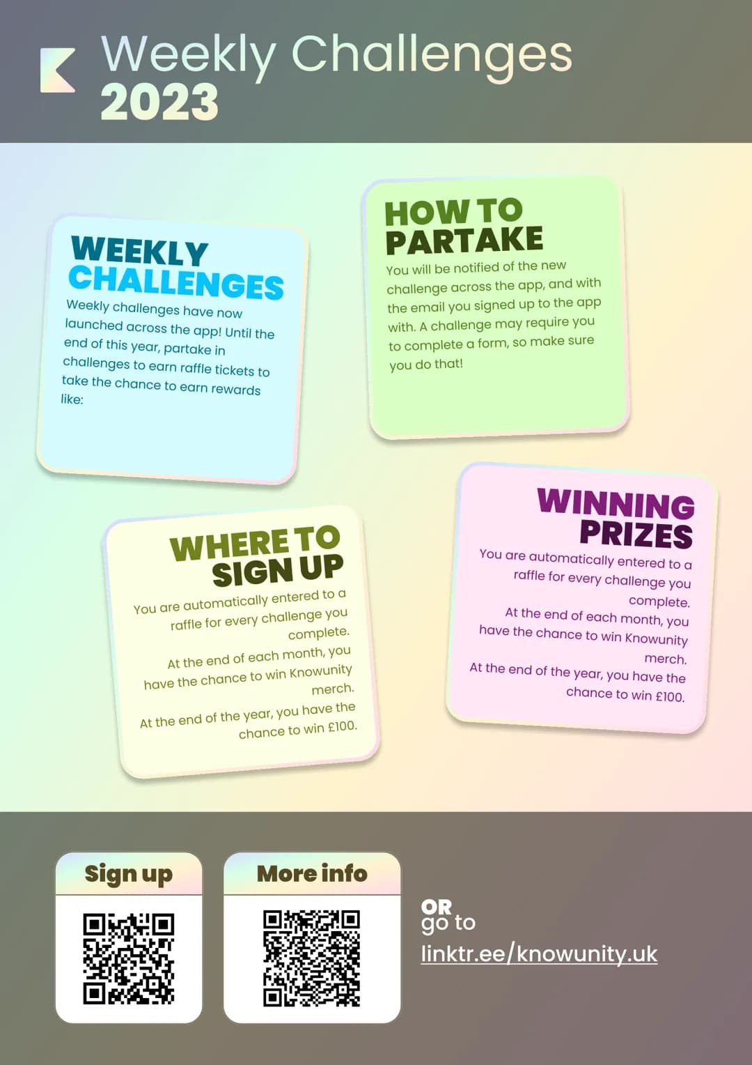 Weekly Challenges
2023
WEEKLY
CHALLENGES
Weekly challenges have now
launched across the app! Until the
end of this year, partake in
challeng
