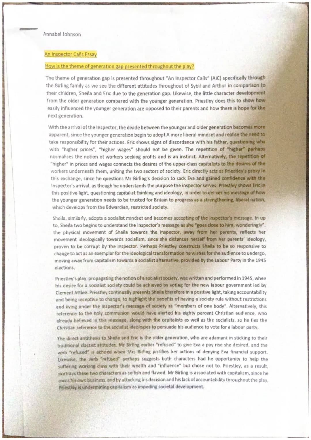Annabel Johnson
An Inspector Calls Essay
How is the theme of generation gap presented throughout the play?
The theme of generation gap is pr