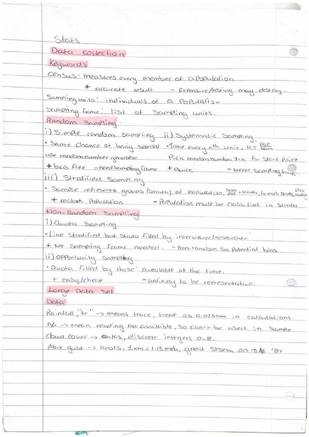 A level Maths (Stats) - Types of Sampling and the Large Data Set