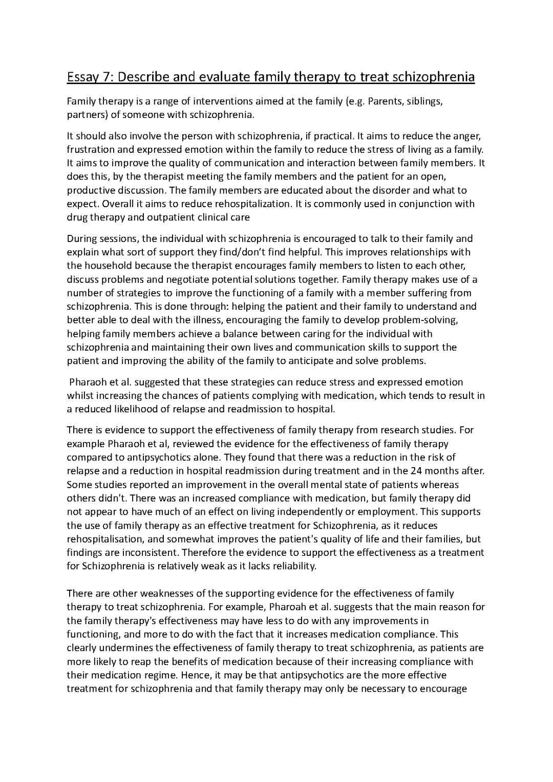 Comprehensive A-Level Essay on Family Therapy for Treating Schizophrenia
