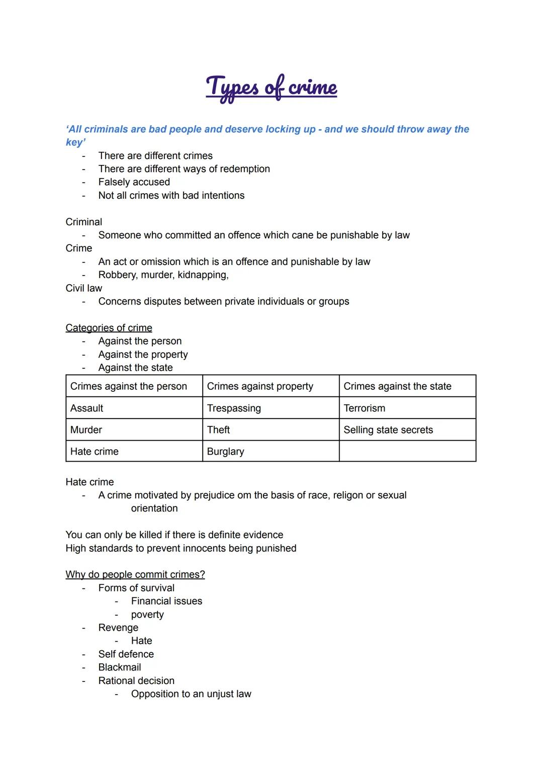 Types of crime
'All criminals are bad people and deserve locking up- and we should throw away the
key'
There are different crimes
There are 
