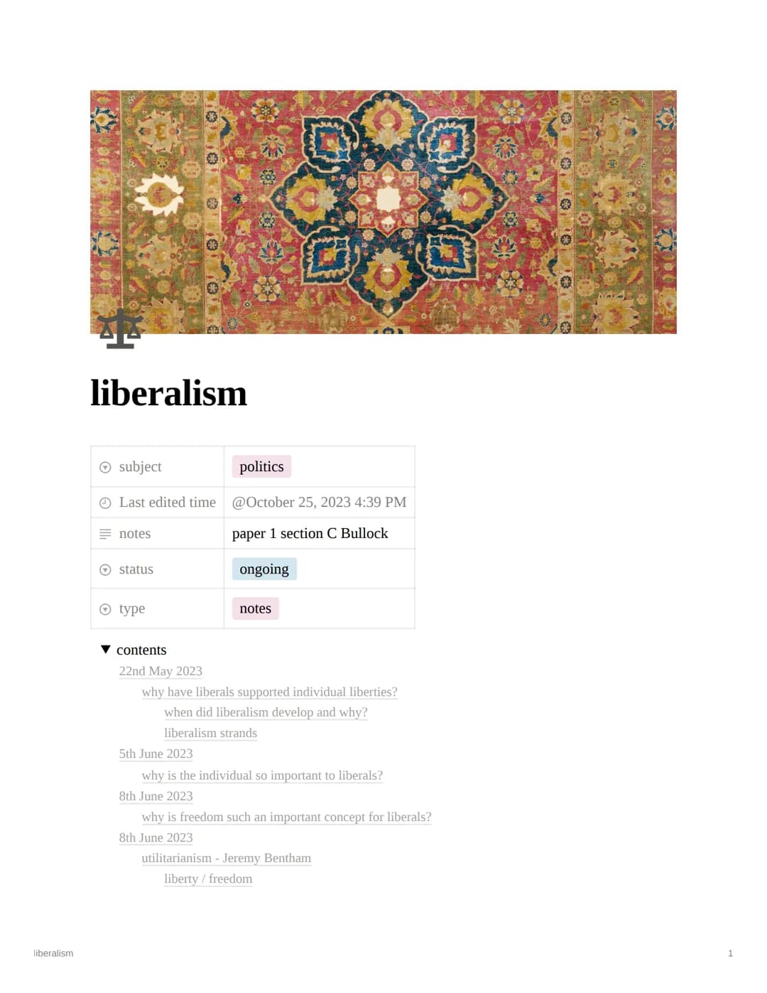 liberalism
AL
liberalism
Ⓒsubject
politics
Last edited time @October 25, 2023 4:39 PM
paper 1 section C Bullock
notes
O status
Ⓒ type
ongoin