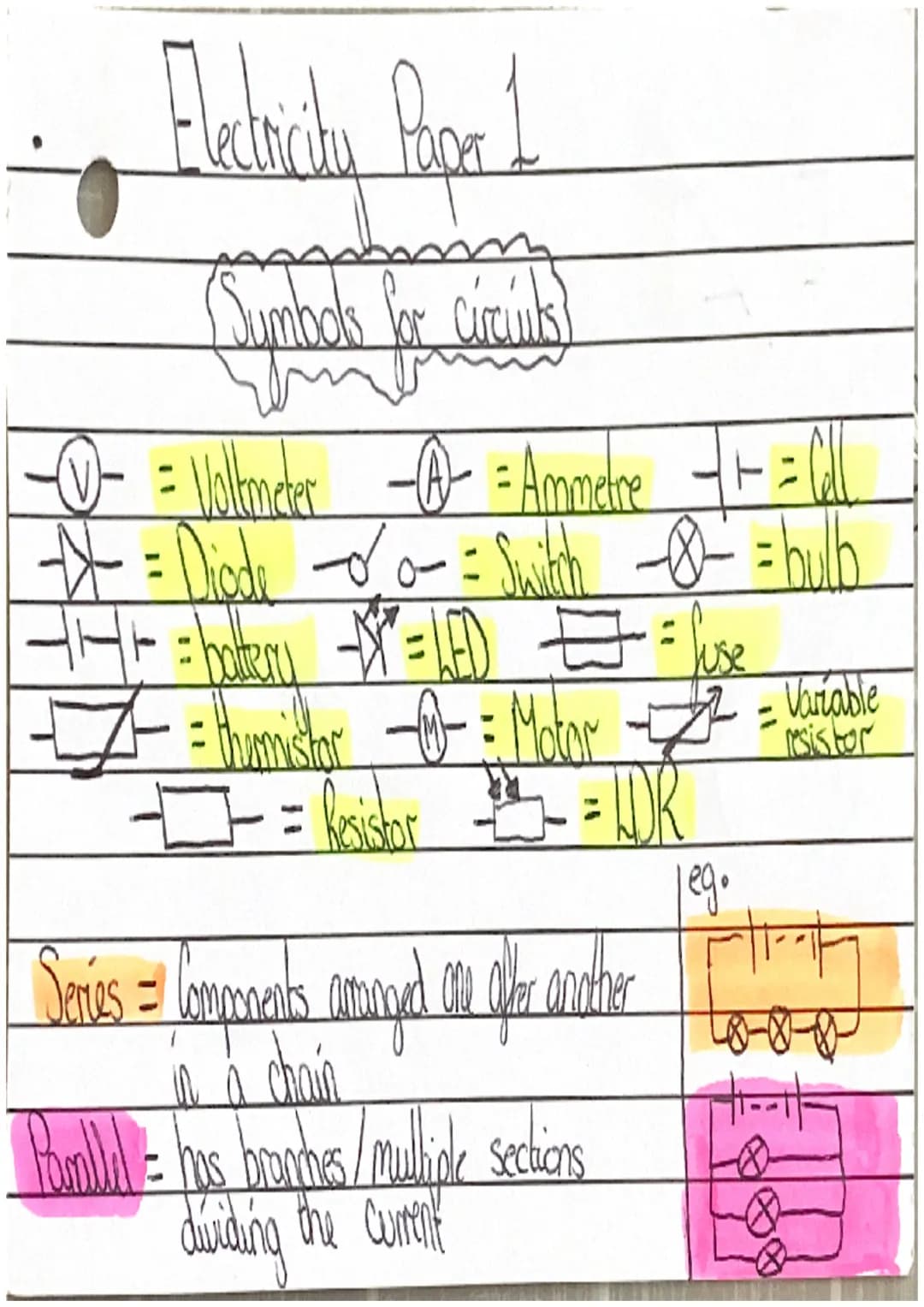 Electrichu Poor 1
(Sumbols for circuits)
--= Voltmneter
:
* = Diode - Switch -- = bulb
=
= 1.ED
fuse
TH+ =
battery
thumistor
===
A = Ammetre