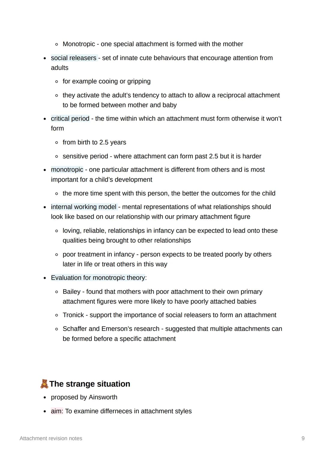 1
Attachment revision notes
Caregiver-infant interactions
• attachment - a close two way emotional bond between two individuals, seeing
the 