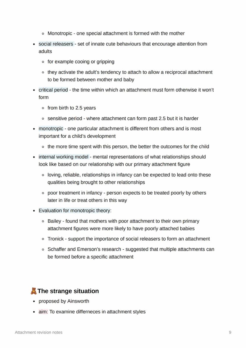 1
Attachment revision notes
Caregiver-infant interactions
• attachment - a close two way emotional bond between two individuals, seeing
the 