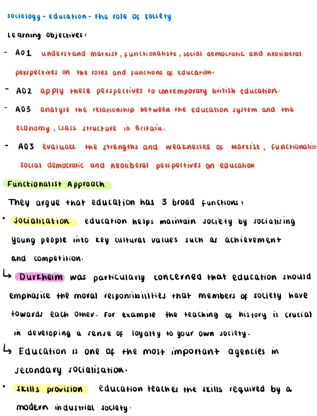Sociology-education - the role of society
learning objectives:
A01 understand marxist, functionalists, social democratic and neoliberal
pers