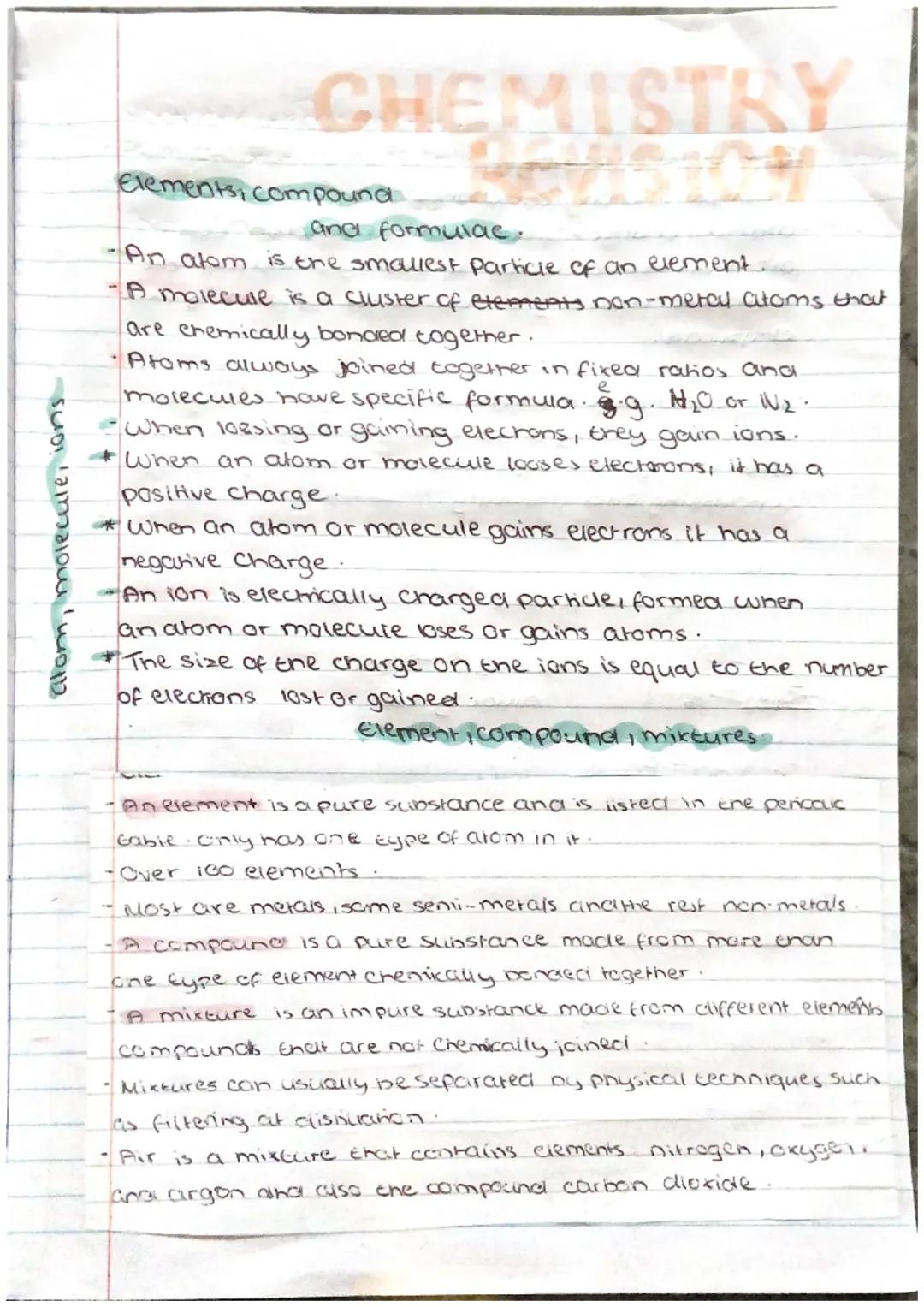 Free GCSE & A-Level Chemistry Revision Notes PDF – Atoms, Molecules, Ions, and Separating Mixtures