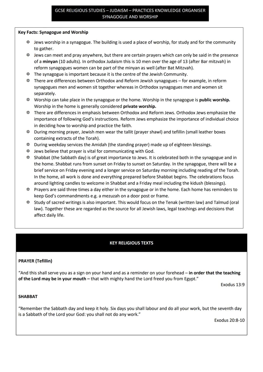 GCSE RELIGIOUS STUDIES - JUDAISM - PRACTICES KNOWLEDGE ORGANISER
SYNAGOGUE AND WORSHIP
Key Facts: Synagogue and Worship
* Jews worship in a 