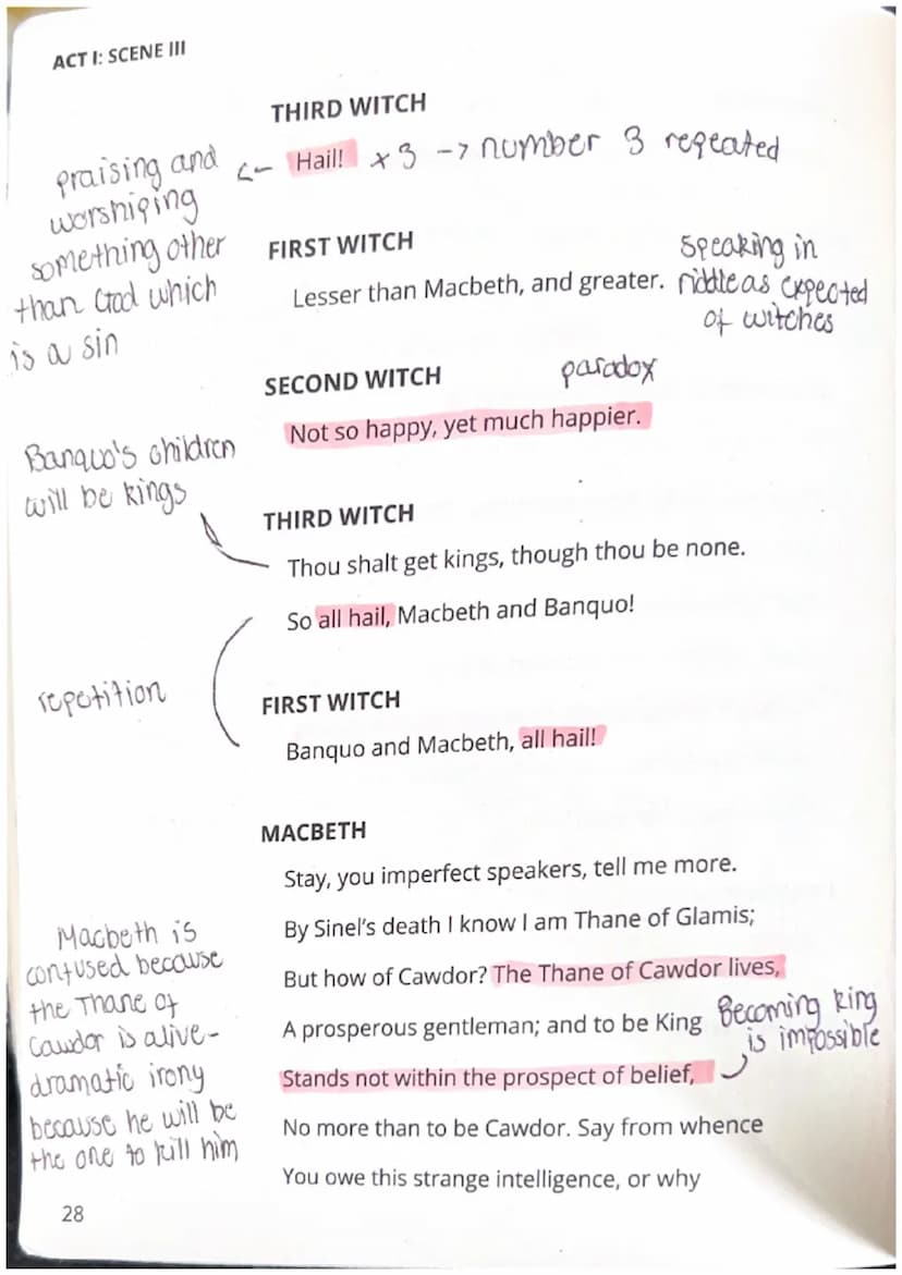 SCENE III
A heath. Thunder. pathetic fallacy.
ACT I: SCENE III
Enter the three WITCHES. meet again
Scene 1: witches
Scene 2: humans
when the