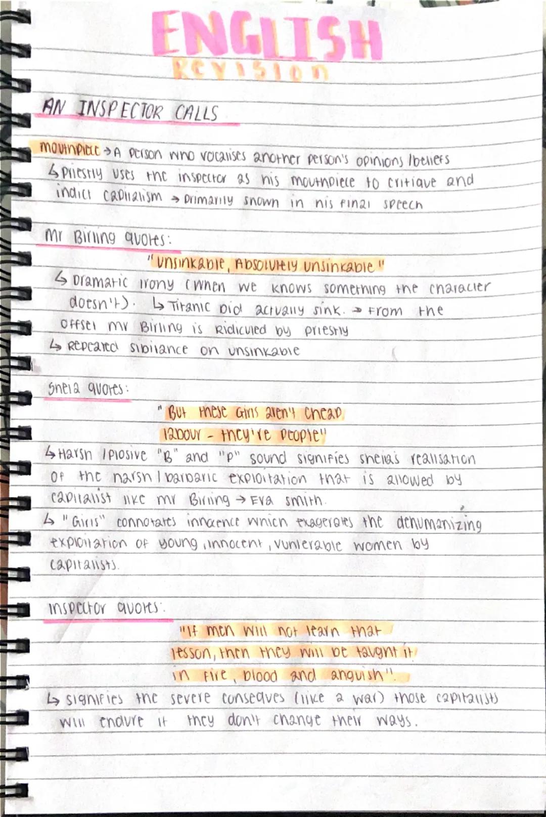 ENGLISH
Revision
AN INSPECTOR CALLS
mouthpiece → A person who vocalises another person's opinions /beliefs
Priestly uses the inspector as hi
