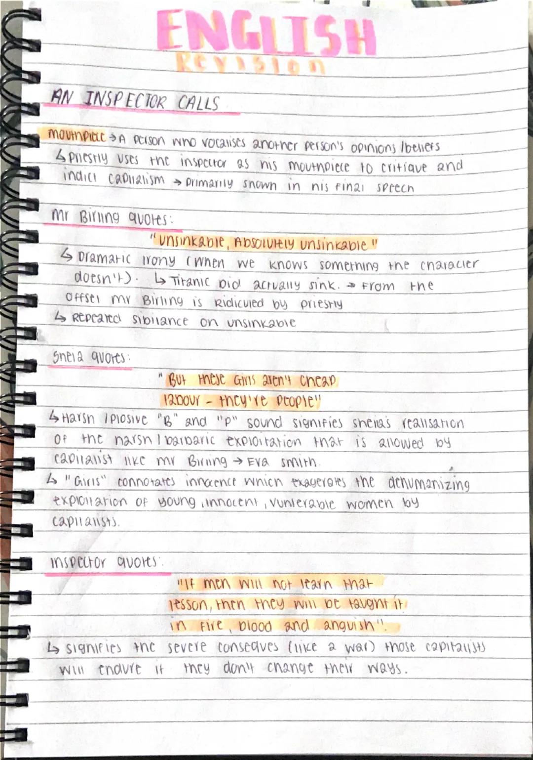 ENGLISH
Revision
AN INSPECTOR CALLS
mouthpiece → A person who vocalises another person's opinions /beliefs
Priestly uses the inspector as hi