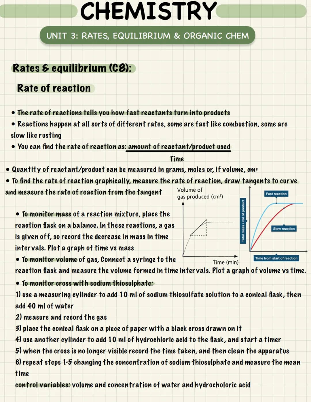 CHEMISTRY
UNIT 3: RATES, EQUILIBRIUM & ORGANIC CHEM
Rates & equilibrium (C8):
Rate of reaction
•The rate of reactions tells you how fast rea