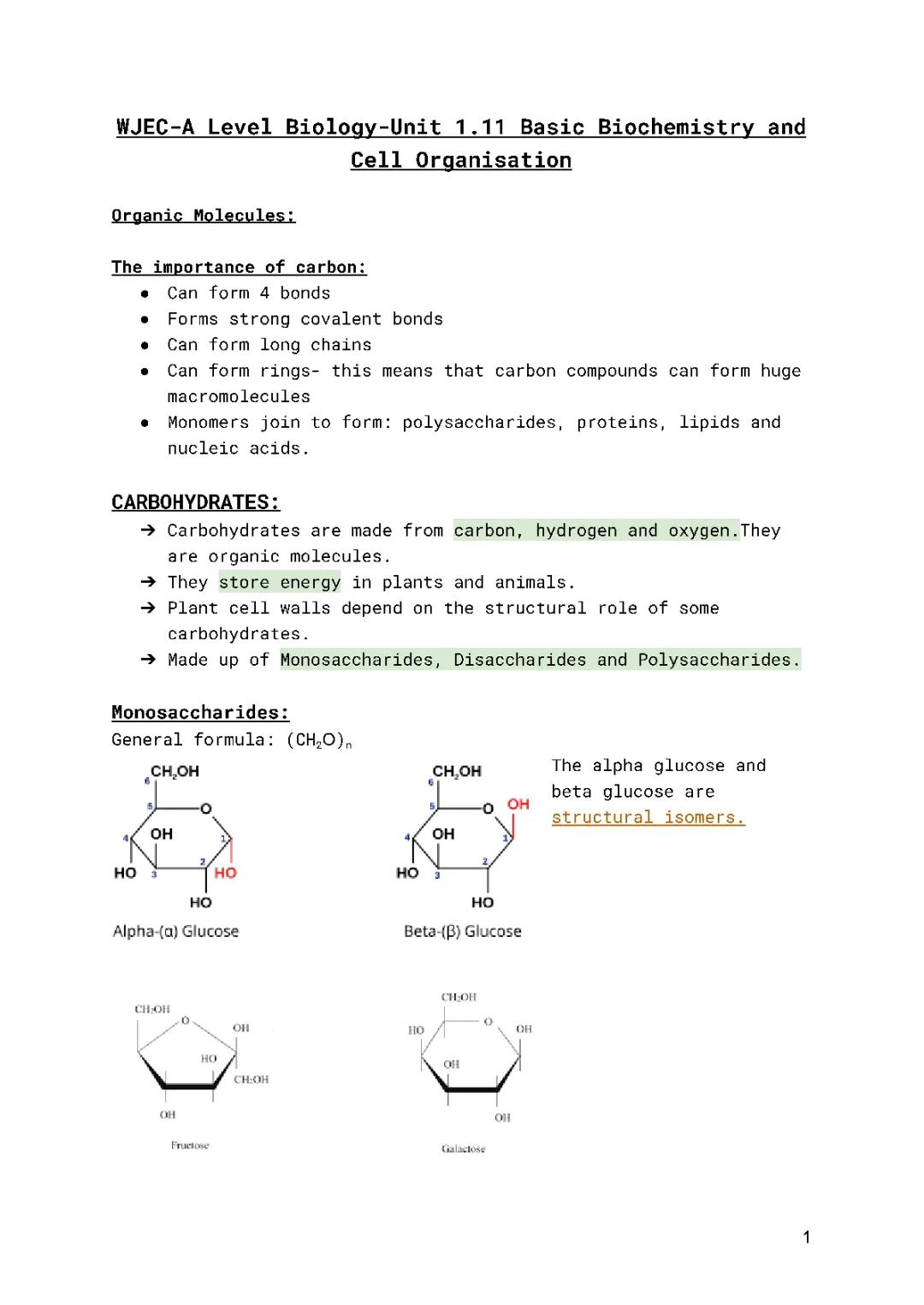 WJEC A Level Biology Unit 1.11 Biochemistry Notes PDF, Questions, and Answers 2021