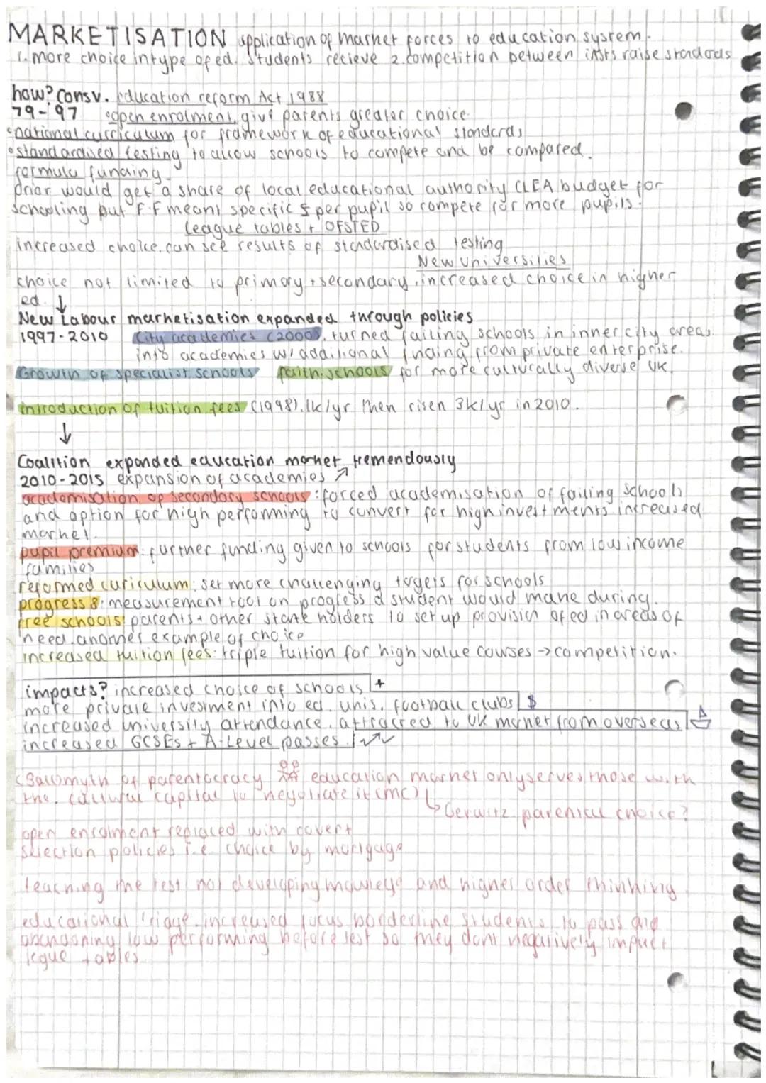 MARKETISATION spplication of marner forces to education system.
1. more choice intype of ed. Students recieve 2. competition between insts r