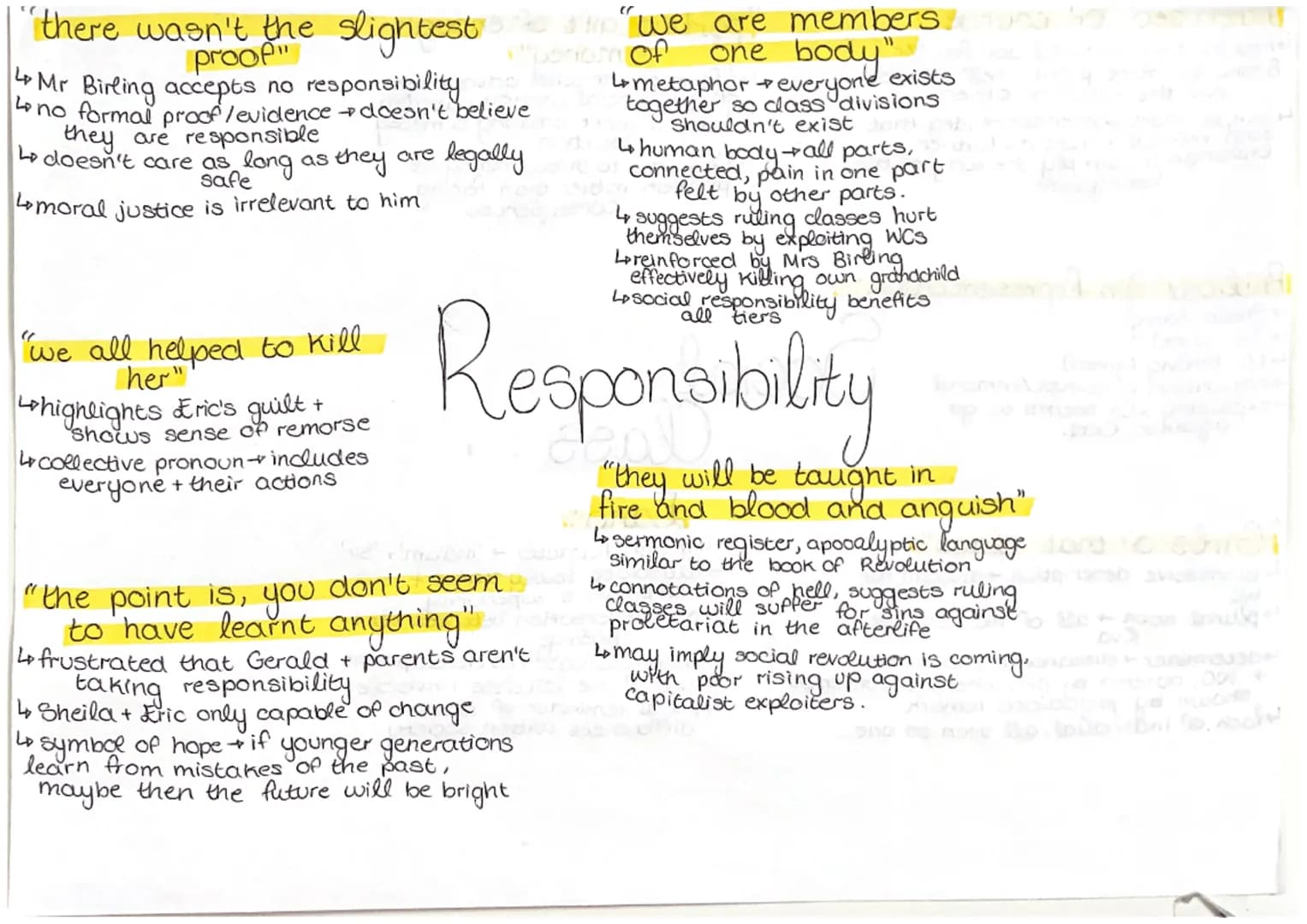 there wasn't the slightest
proof"
4 Mr Birling accepts no responsibility
L no formal proof /evidence + doesn't believe
legally
they are resp