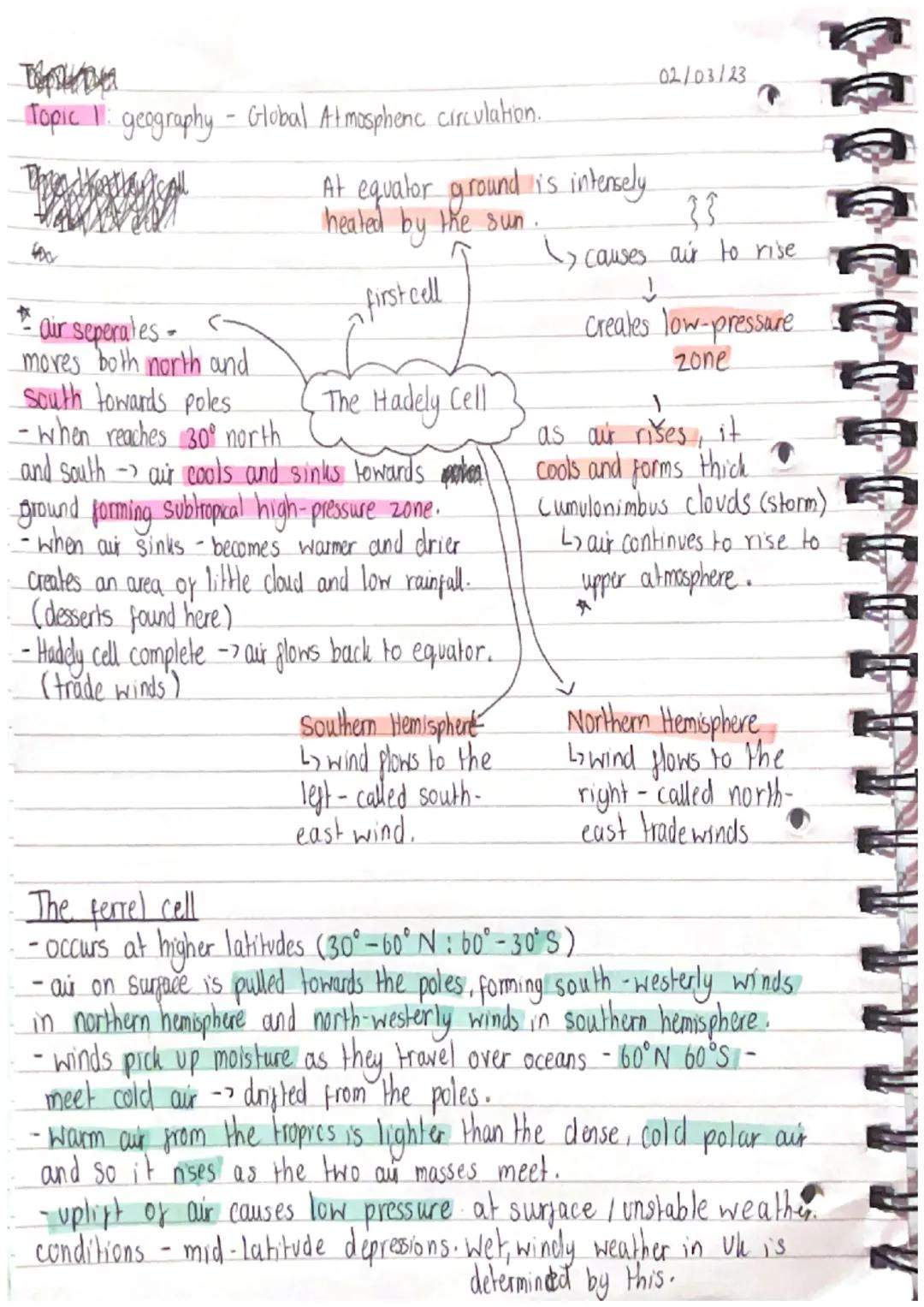 -Topic 1: geography - Global At mosphenc circulation.
Webcal
* air seperates -
mores both north and
south towards poles.
- when reaches 30° 