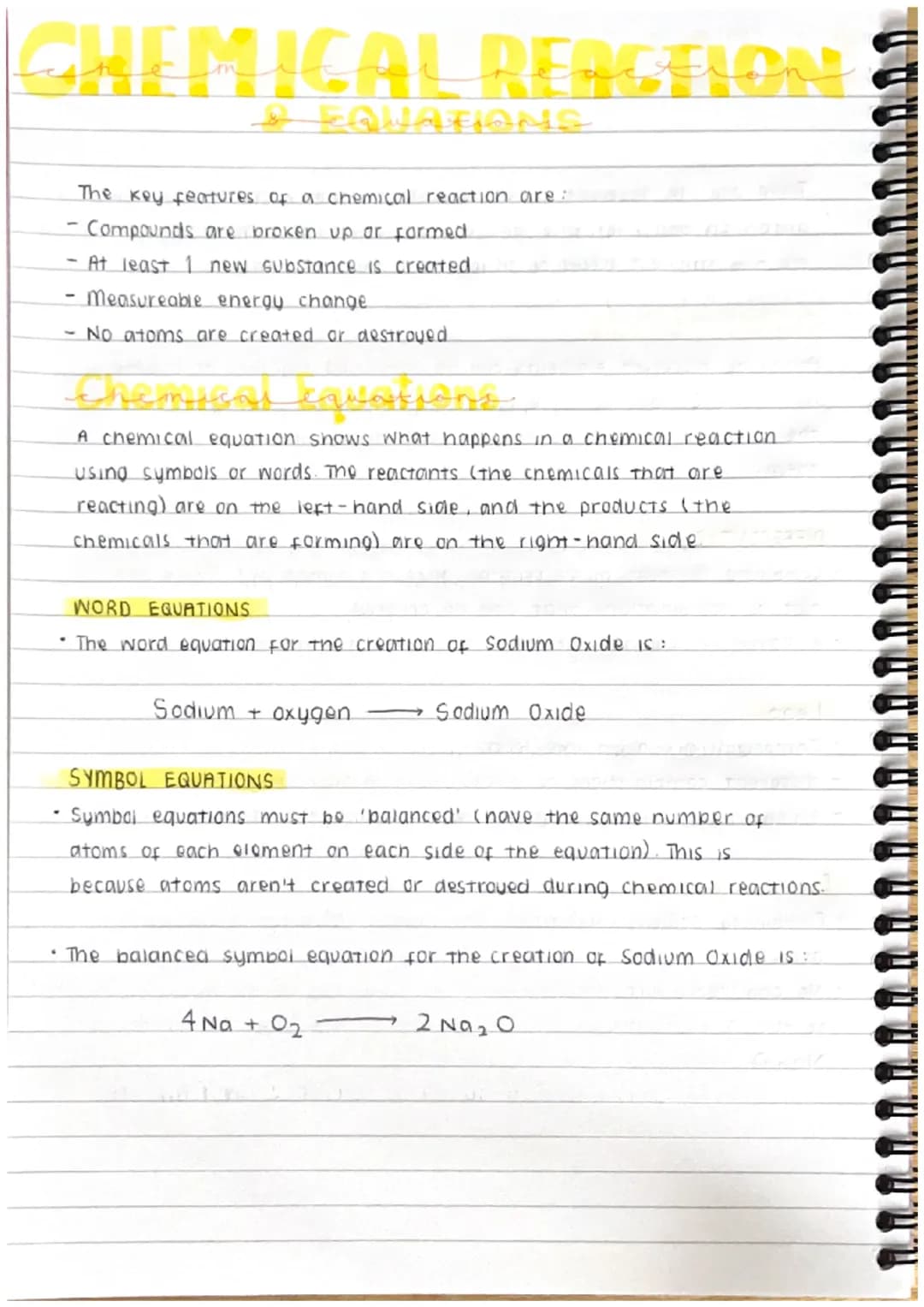 CHEMICAL REAGELON
▾
Equations
The key features of a chemical reaction are:
- Compounds are broken up or formed.
- At least 1 new substance i