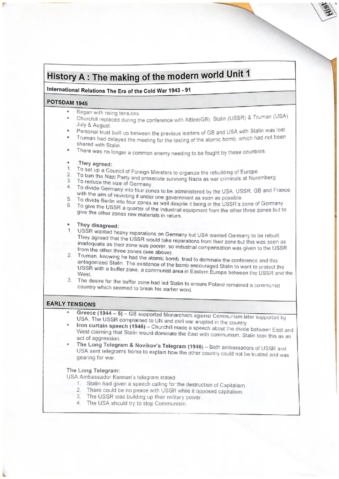 History A: The making of the modern world Unit 1
International Relations The Era of the Cold War 1943-91
CAUSES OF THE COLD WAR 1943-46
In a