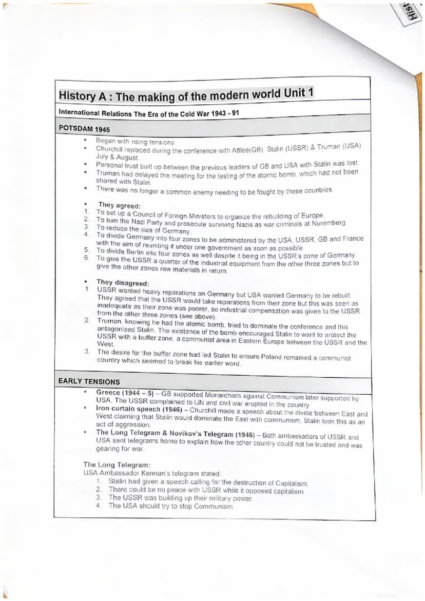 History A: The making of the modern world Unit 1
International Relations The Era of the Cold War 1943-91
CAUSES OF THE COLD WAR 1943-46
In a