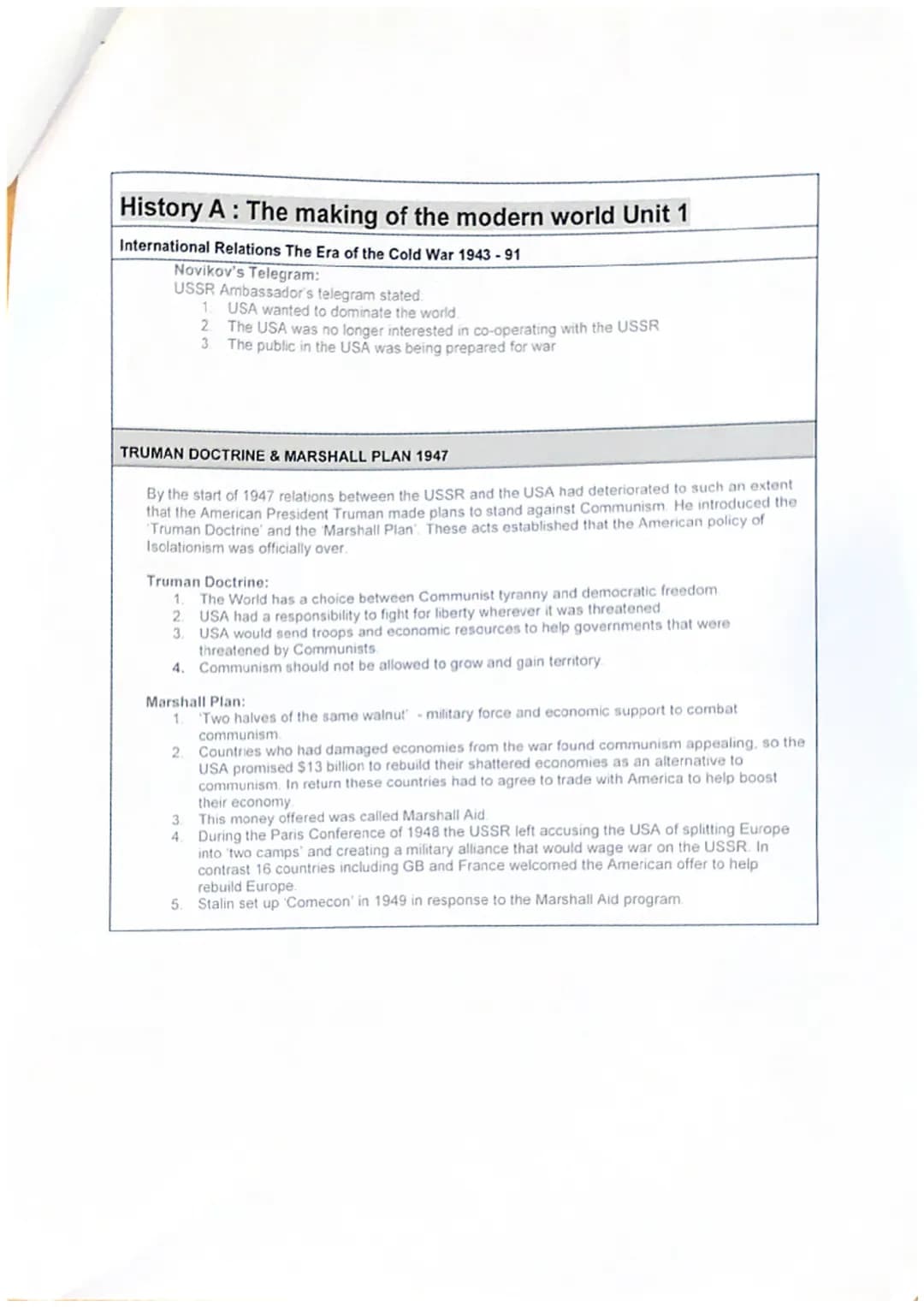 History A: The making of the modern world Unit 1
International Relations The Era of the Cold War 1943-91
CAUSES OF THE COLD WAR 1943-46
In a