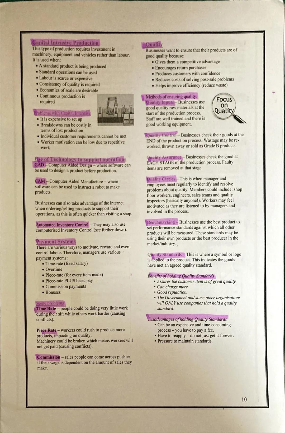 Chapter 2-Management of Operations
2.1 Revision Notes
The Role of the Operations Department
The operations department a responsible for:
Pur