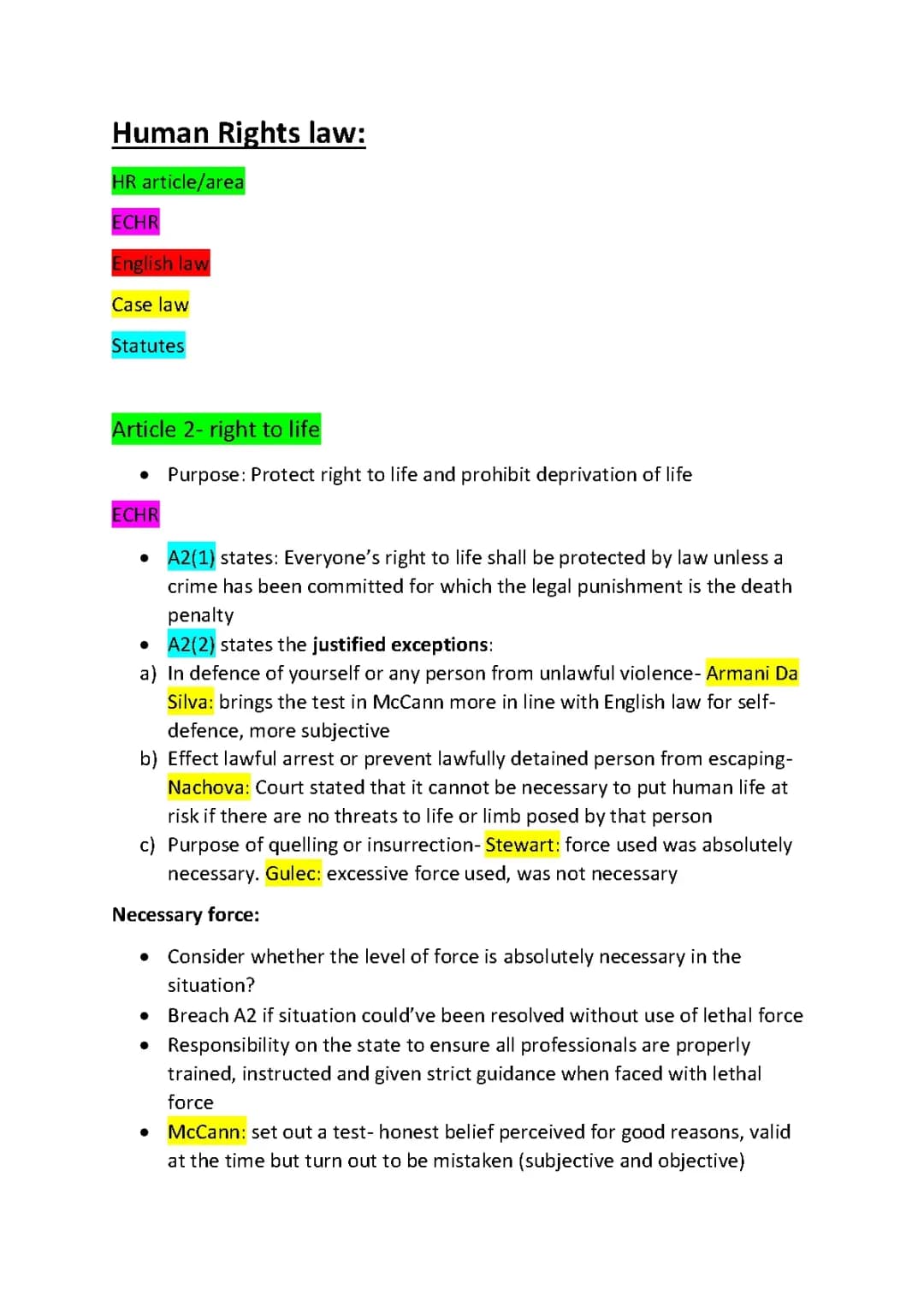 Human Rights Article 2: Right to Life Cases & Summaries