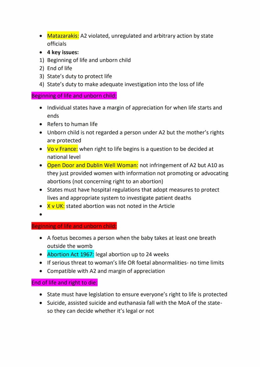 Human Rights law:
HR article/area
ECHR
English law
Case law
Statutes
Article 2- right to life
Purpose: Protect right to life and prohibit de