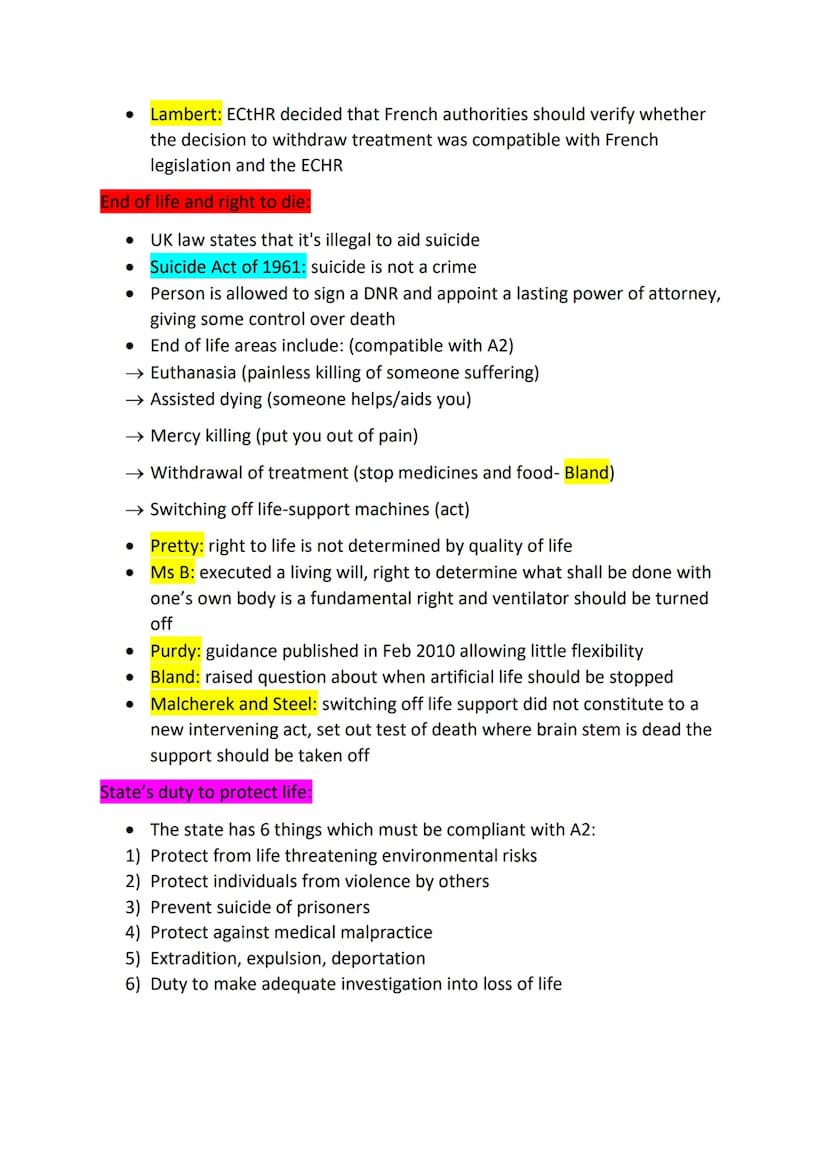 Human Rights law:
HR article/area
ECHR
English law
Case law
Statutes
Article 2- right to life
Purpose: Protect right to life and prohibit de