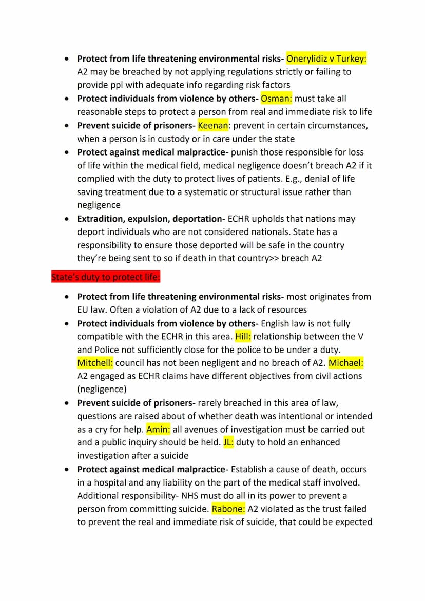 Human Rights law:
HR article/area
ECHR
English law
Case law
Statutes
Article 2- right to life
Purpose: Protect right to life and prohibit de