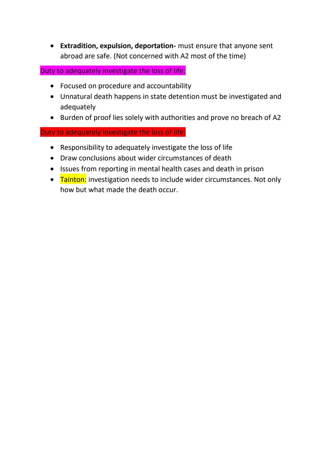 Human Rights law:
HR article/area
ECHR
English law
Case law
Statutes
Article 2- right to life
Purpose: Protect right to life and prohibit de