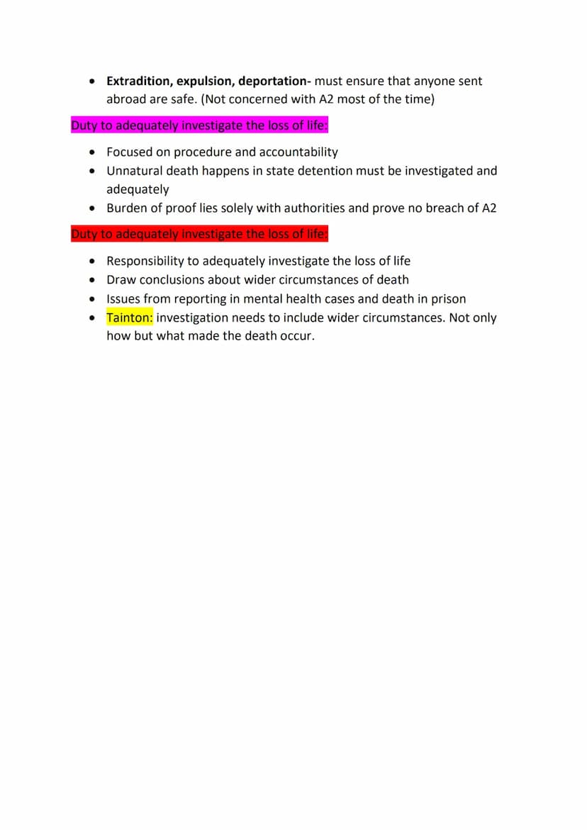 Human Rights law:
HR article/area
ECHR
English law
Case law
Statutes
Article 2- right to life
Purpose: Protect right to life and prohibit de