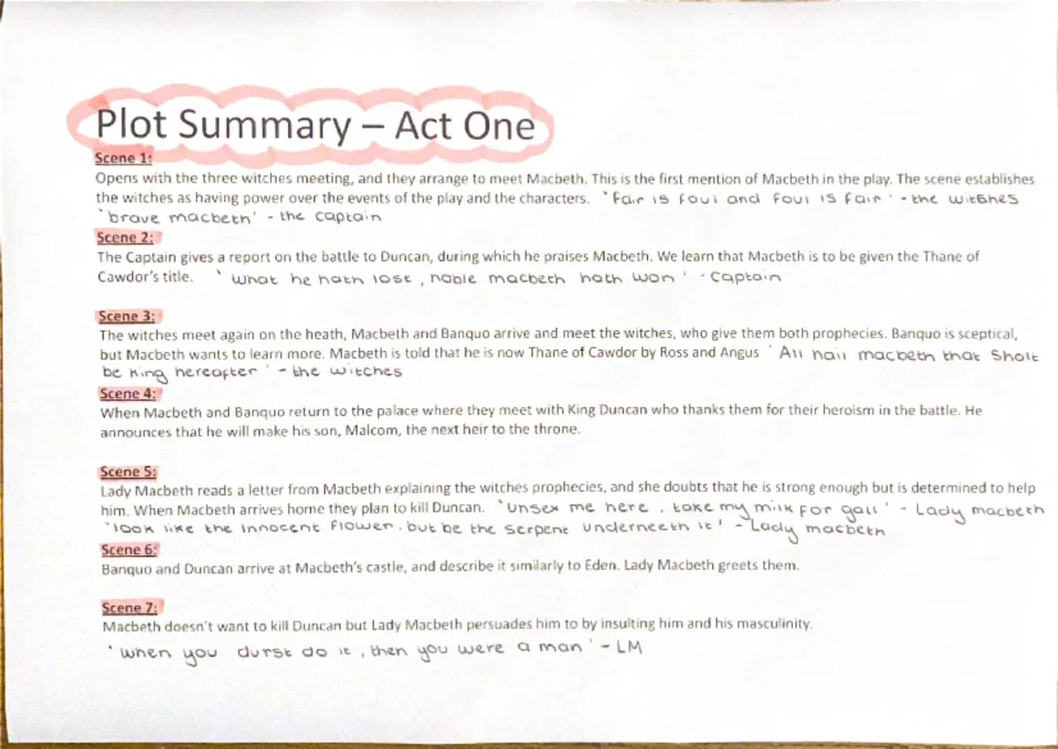 --- OCR Start ---
Plot Summary - Act One
Scene 1:
Opens with the three witches meeting, and they arrange to meet Macbeth. This is the first 