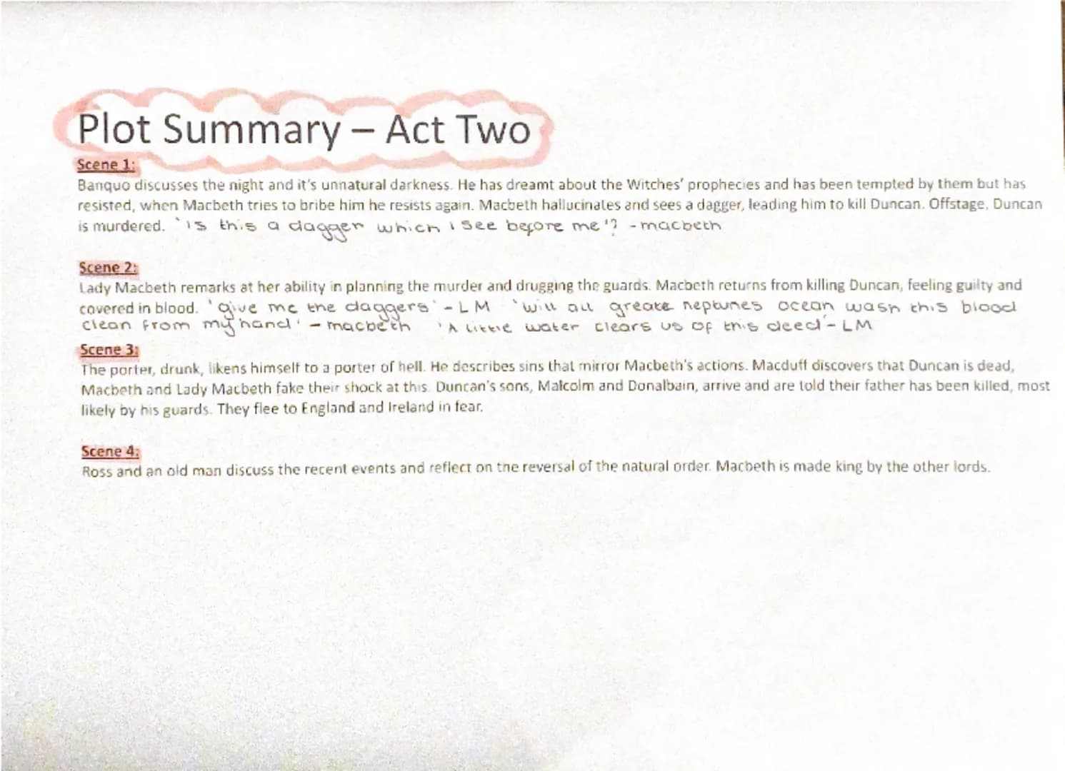 --- OCR Start ---
Plot Summary - Act One
Scene 1:
Opens with the three witches meeting, and they arrange to meet Macbeth. This is the first 