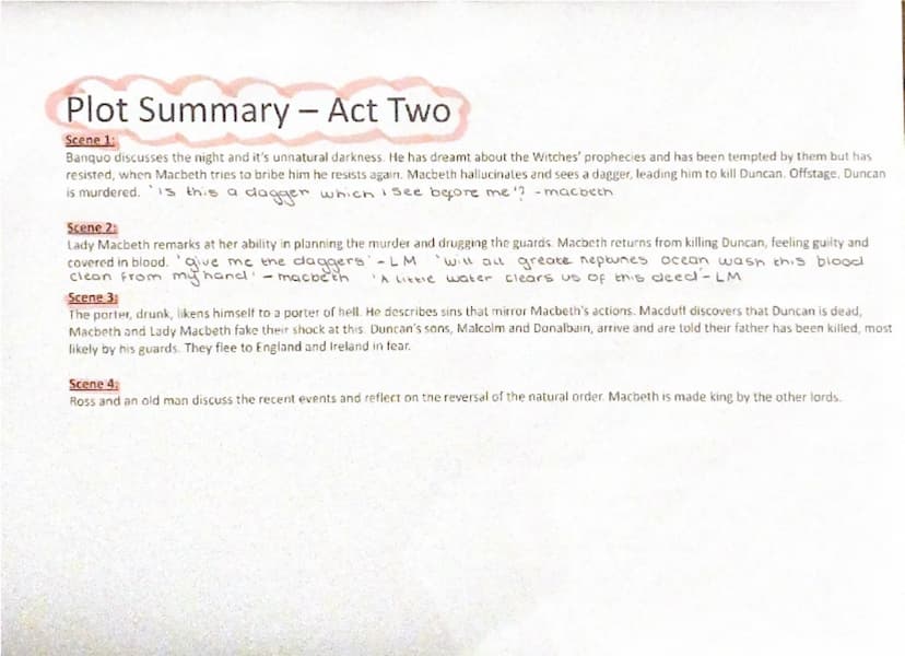 --- OCR Start ---
Plot Summary - Act One
Scene 1:
Opens with the three witches meeting, and they arrange to meet Macbeth. This is the first 