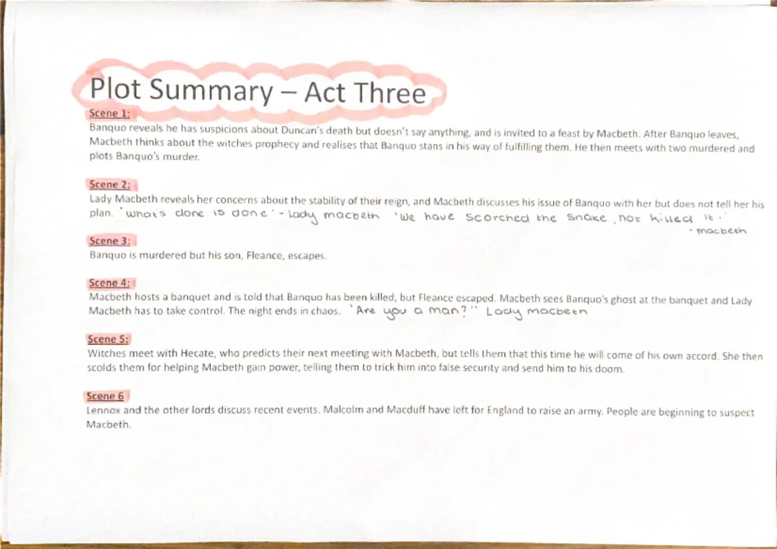 --- OCR Start ---
Plot Summary - Act One
Scene 1:
Opens with the three witches meeting, and they arrange to meet Macbeth. This is the first 