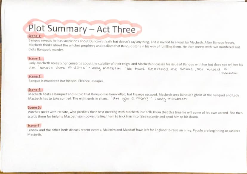 --- OCR Start ---
Plot Summary - Act One
Scene 1:
Opens with the three witches meeting, and they arrange to meet Macbeth. This is the first 