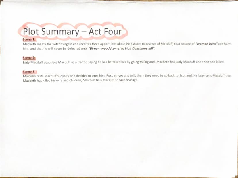 --- OCR Start ---
Plot Summary - Act One
Scene 1:
Opens with the three witches meeting, and they arrange to meet Macbeth. This is the first 