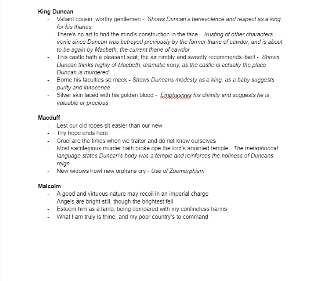 Key Quotes for Banquo + Duncan + Macduff + Malcolm - GCSE English Literature