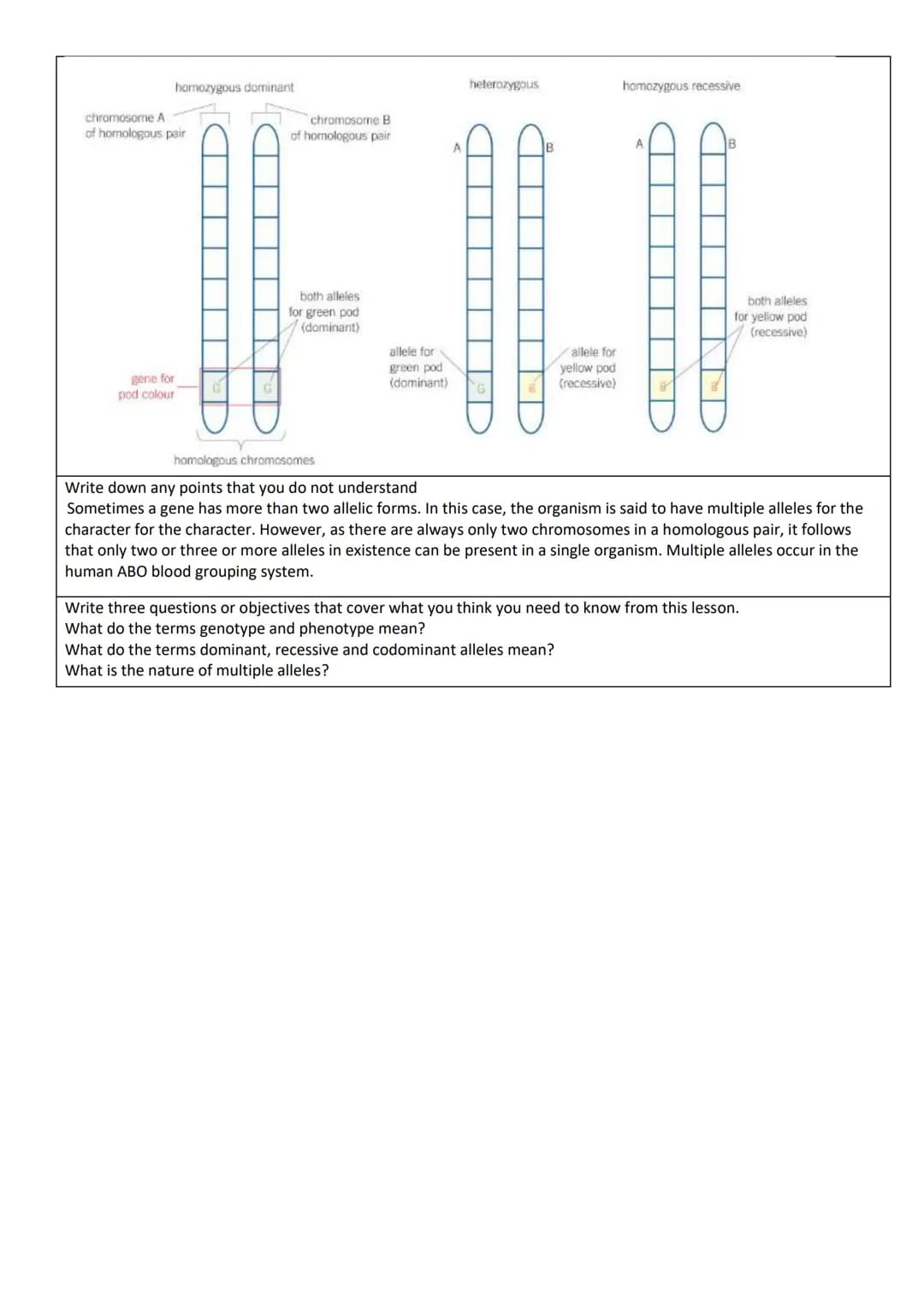 Lesson Title:
Studying inheritance
Write the keywords for the lesson and describe them.
Word
Description
Genotype
Genetic constitution (make