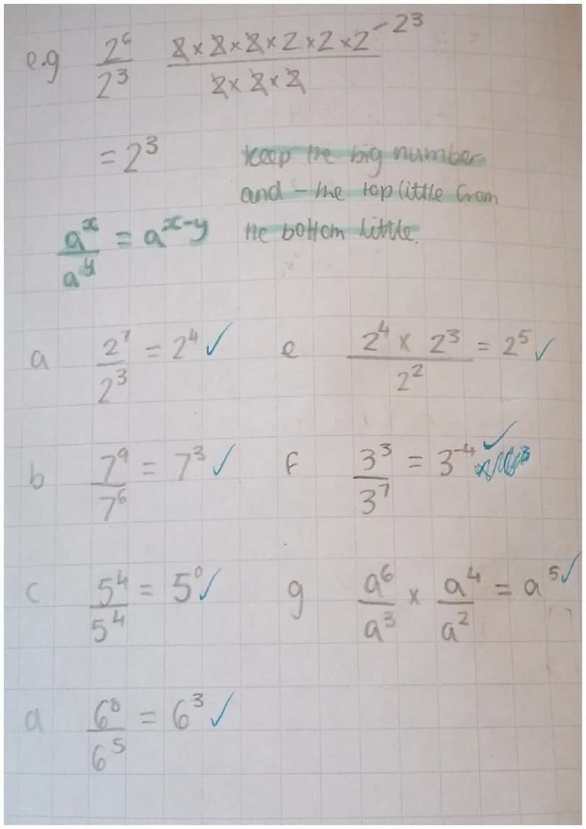 9.5.23 Indices.
a (4²)³ = 46/
(75)³ = 725 ✓
(62)4 = 6³√
b
C
2
0.9 (4)²
eg
b
9
113
5
2
3
W
1
-12
9
x
= 1²
3² √
2/1/2
112
C
(1
=
-14
2
(A)²
1²