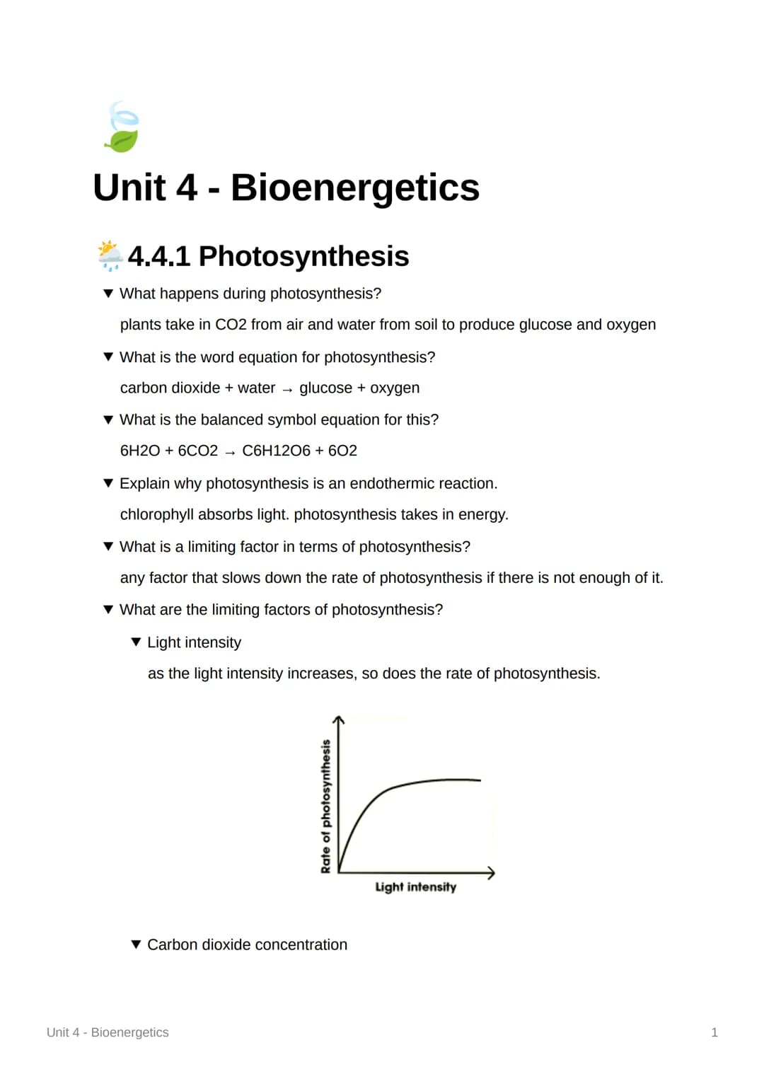 Unit 4 - Bioenergetics
4.4.1 Photosynthesis
▾ What happens during photosynthesis?
plants take in CO2 from air and water from soil to produce