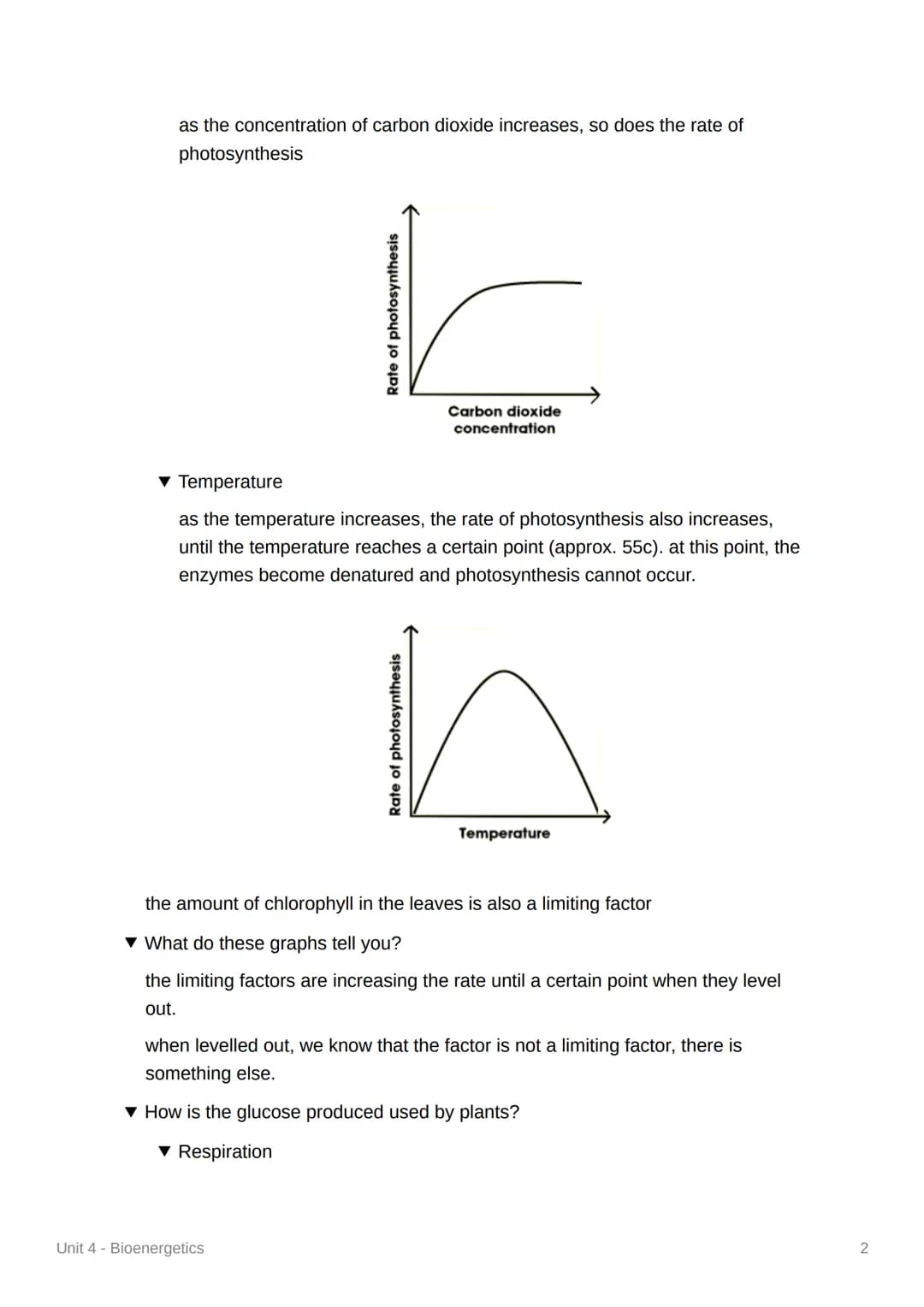 Unit 4 - Bioenergetics
4.4.1 Photosynthesis
▾ What happens during photosynthesis?
plants take in CO2 from air and water from soil to produce