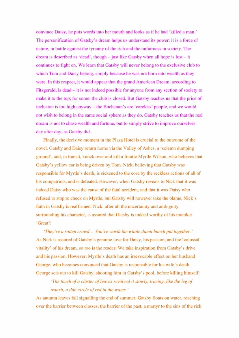 Example Key Scene Essay - 2000: 6
'The Great Gatsby' by F. Scott Fitzgerald is a novel in which there is a decisive
moment. The novel follow