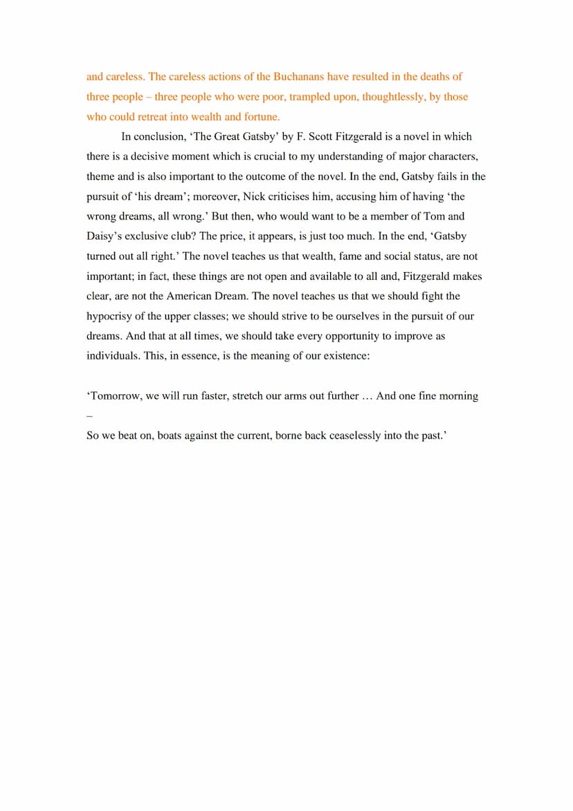 Example Key Scene Essay - 2000: 6
'The Great Gatsby' by F. Scott Fitzgerald is a novel in which there is a decisive
moment. The novel follow