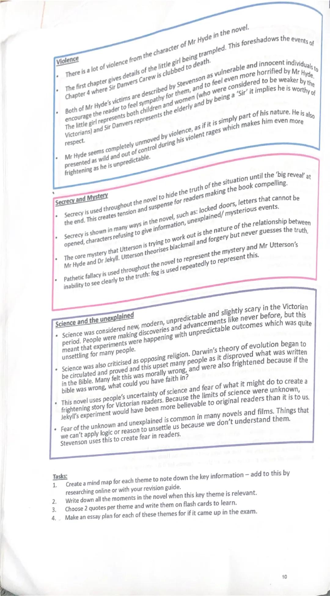 --- OCR Start ---
Violence
- There is a lot of violence from the character of Mr Hyde in the novel.
- The first chapter gives details of the