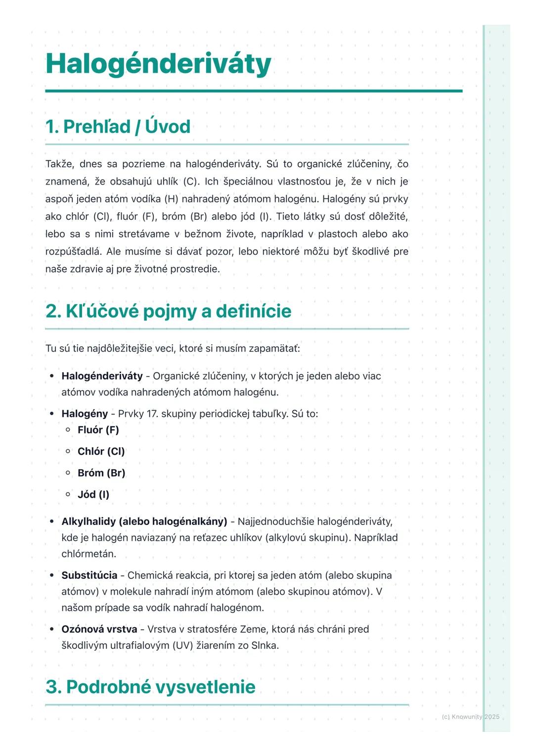 # Halogénderiváty

## 1. Prehľad / Úvod

Takže, dnes sa pozrieme na halogénderiváty. Sú to organické zlúčeniny, čo
znamená, že obsahujú uhlí