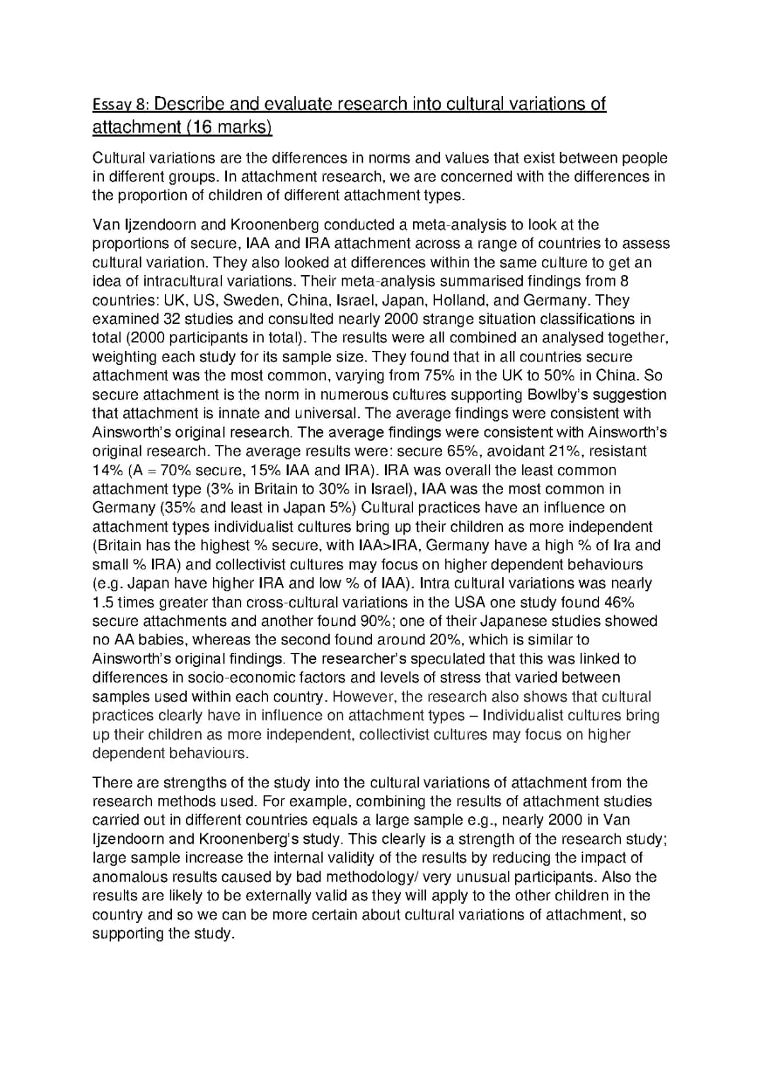 AQA Psychology, Attachment, Essay 8: Describe and evaluate research into cultural variations of attachment.